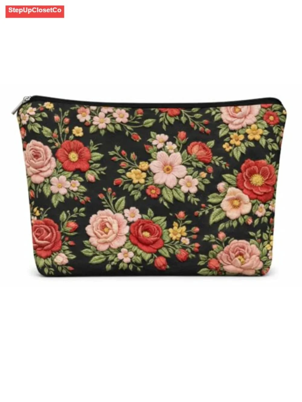 Embroidered Floral Makeup Bag, Double Sided Polyester Cosmetic Pouch, Large